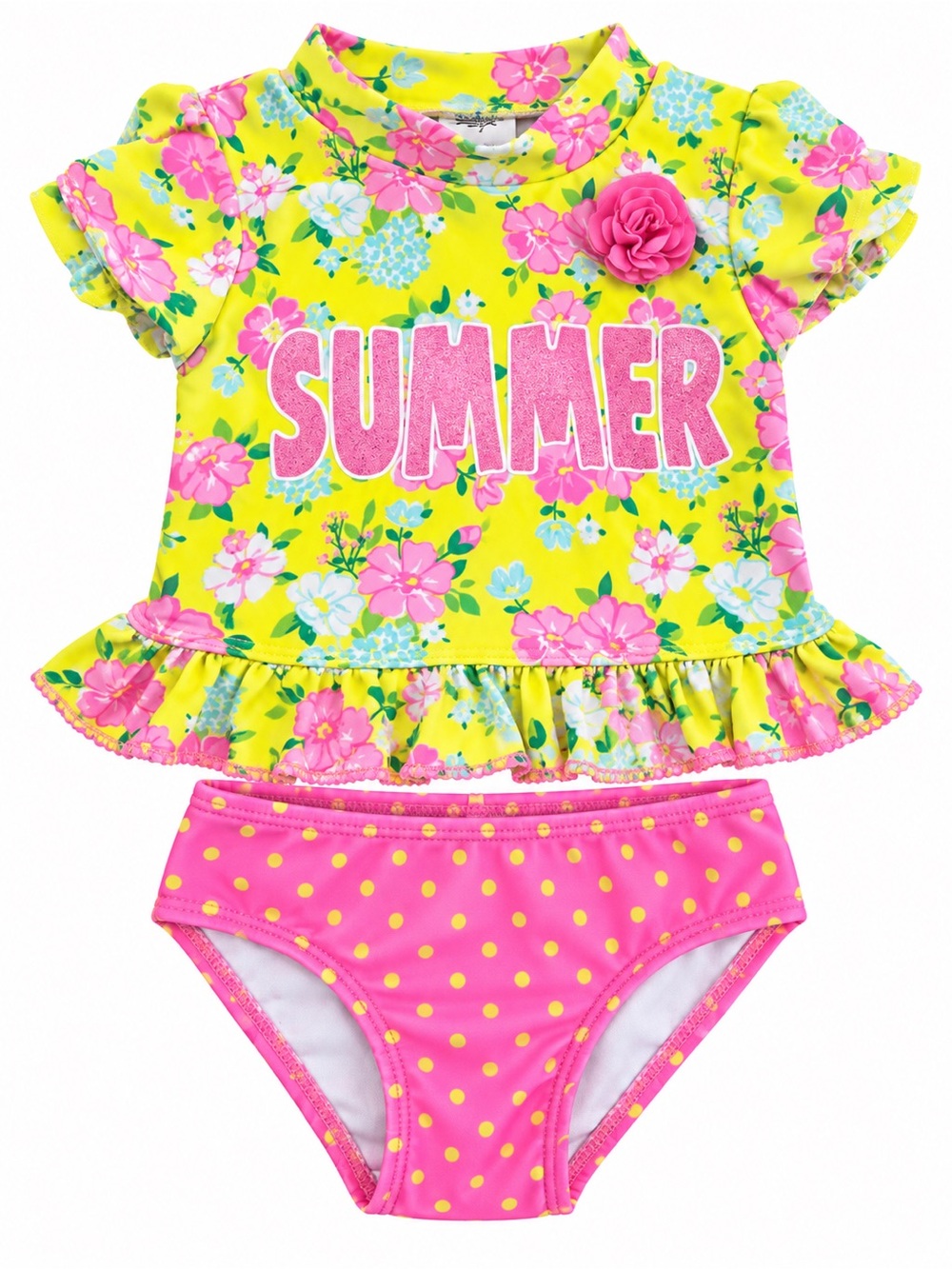 Girls' Yellow Floral 'SUMMER' Ruffle Swim Top with Pink Polka Dot Bikini Bottoms